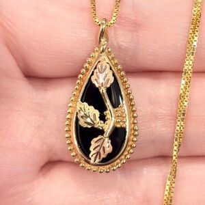 Vintage Black Hills Gold Onyx Pendant: 10K Yellow Gold, 12K Rose Green Leaves